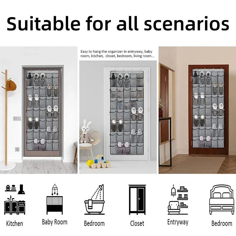 Description Picture 6 of item12/14 Pockets Over the Door Shoe Organizer Large Mesh Pockets With 4 Hooks Transparent Fabric Shoe Rack Storage Bag For Bedroom
