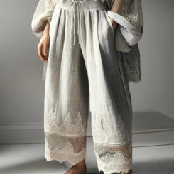 Women's Casual Pants Fashionable Lace Patchwork Solid Color Drawstring Pocket Wide-Leg Pants Loose High Waist Women's Trousers