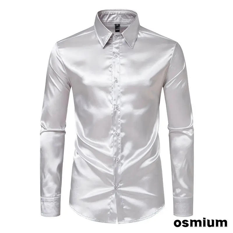 Description Picture 3 of itemMen Autumn Winter Long Sleeve Button Up Dress Formal Shirt Mens Satin Nightclub Shirt Plus Size Gold Blue Performance Clubwear