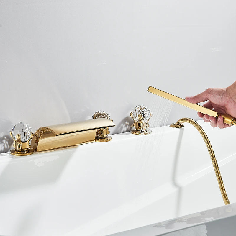 Description Picture 3 of itemGold LED Waterfall Bathtub Faucet Brass Tub Sink Tap Hot Cold Water Mixer Shower Faucets Deck Mounted 5 Hole