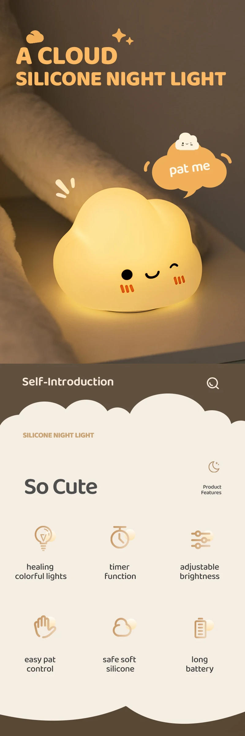 Description Picture 2 of itemCloud Silicone Night Light Bedside Desk Pat Touch Night Lamp Baby Kids Room Kawaii Decor Ambient Lighting Cartoon Holiday Gifts