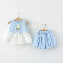 Children's Summer Sleeveless Two-piece Set, Korean Version, New Little Girl Flower Top+shorts