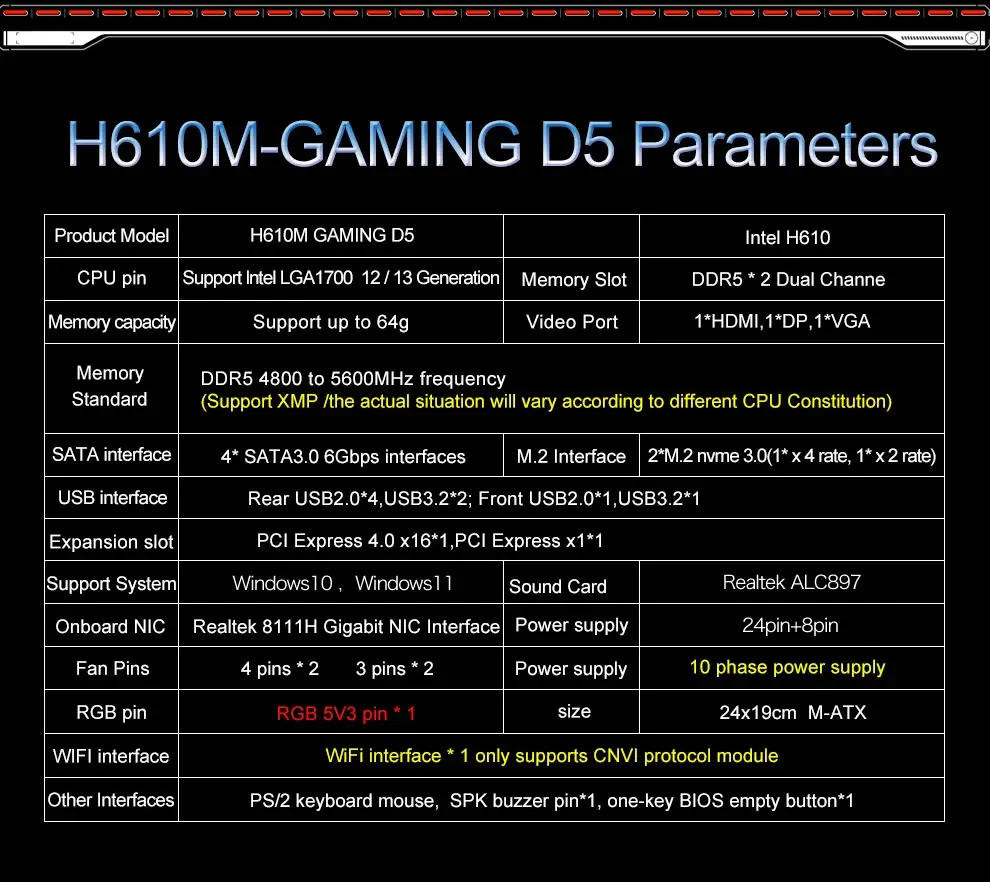Description Picture 3 of itemJGINYUE H610 Motherboard Kit I5 12400F LGA1700 2*16GB=32GB 4800MHz DDR5 Dual Channel Memory RAM Support M.2 NVME H610M GAMING D5