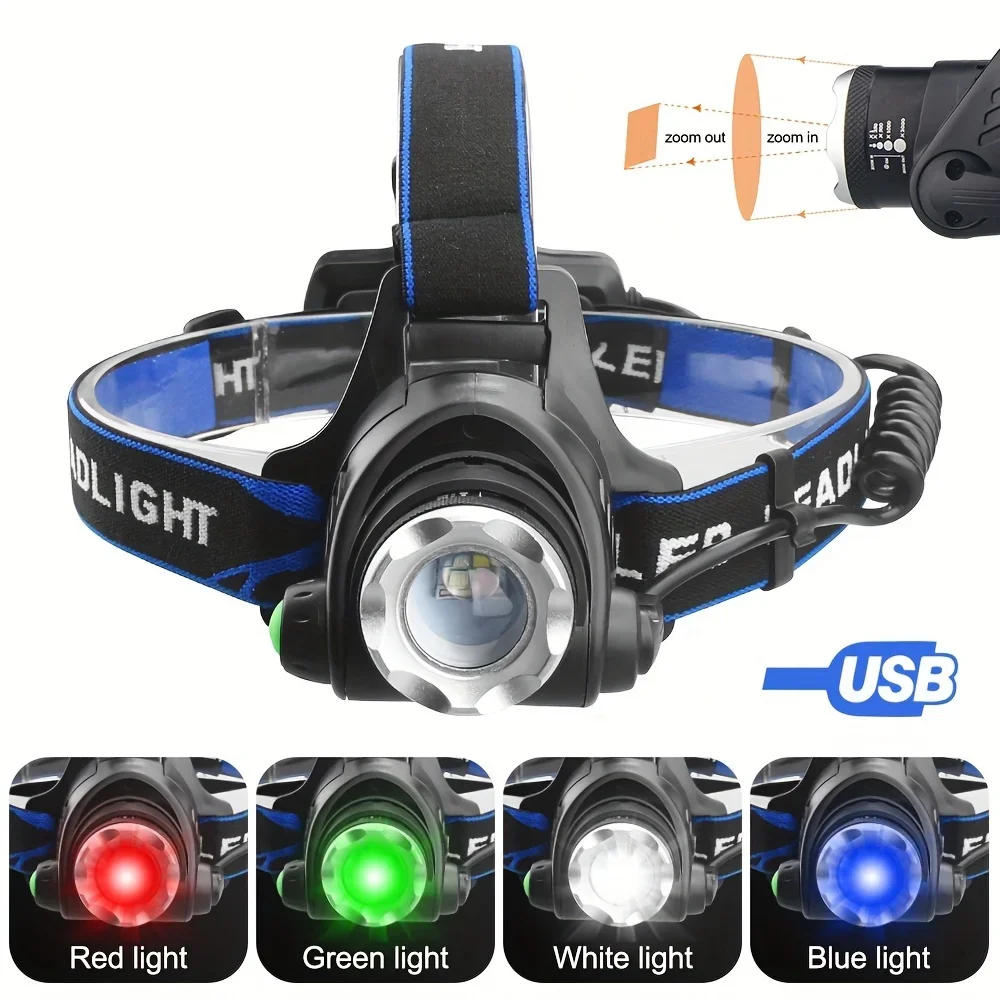 Description Picture 3 of itemPowerful 4 In 1 LED Headlamp Red/Green/White/Blue Light Rechargeable Zoomable Headlight Head Flashlight with Adjustable Beam