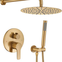 Brushed Gold Shower System Wall Mounted Shower Faucet Mixer Set with 10 Inches Rain Shower head and Handheld