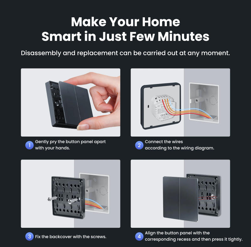 Description Picture 4 of itemGIRIER Smart Light Switch WiFi Push Button Wall Switch Neutral Wire Required 1/2/3/4 Gang Works with Tuya Alexa Google Home