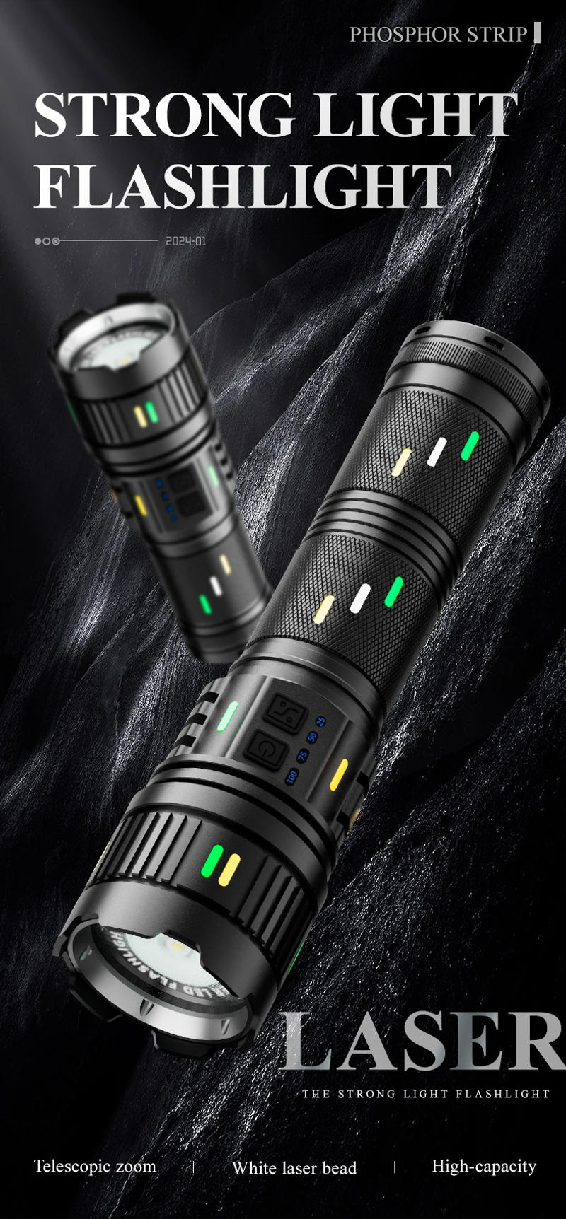 Description Picture 4 of itemUltra Bright 100W White Laser LED Flashlights Rechargeable Long Range Zoom Tactical Torch Outdoor Camping Emergency Lantern