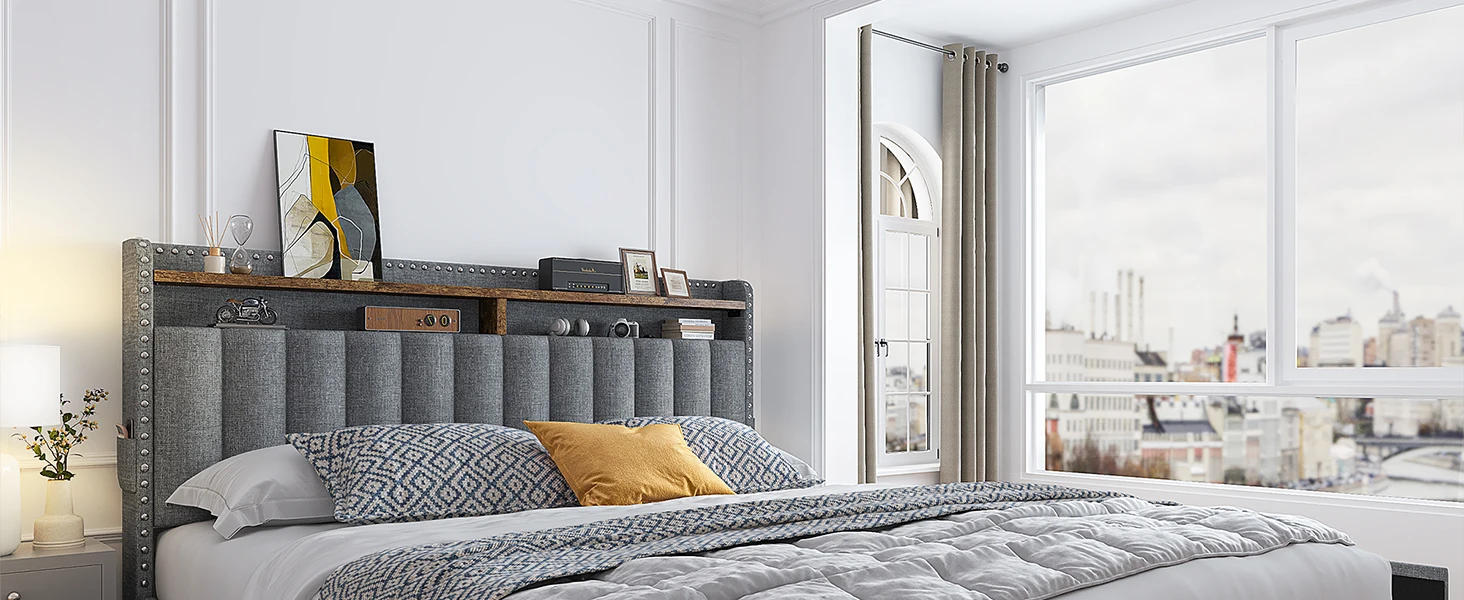 Description Picture 2 of itemBed Frame with 3 Storage Drawers,Queen Size Bed Frame with Headboard, Upholstered Platform Bed Frame Queen Size with Storage