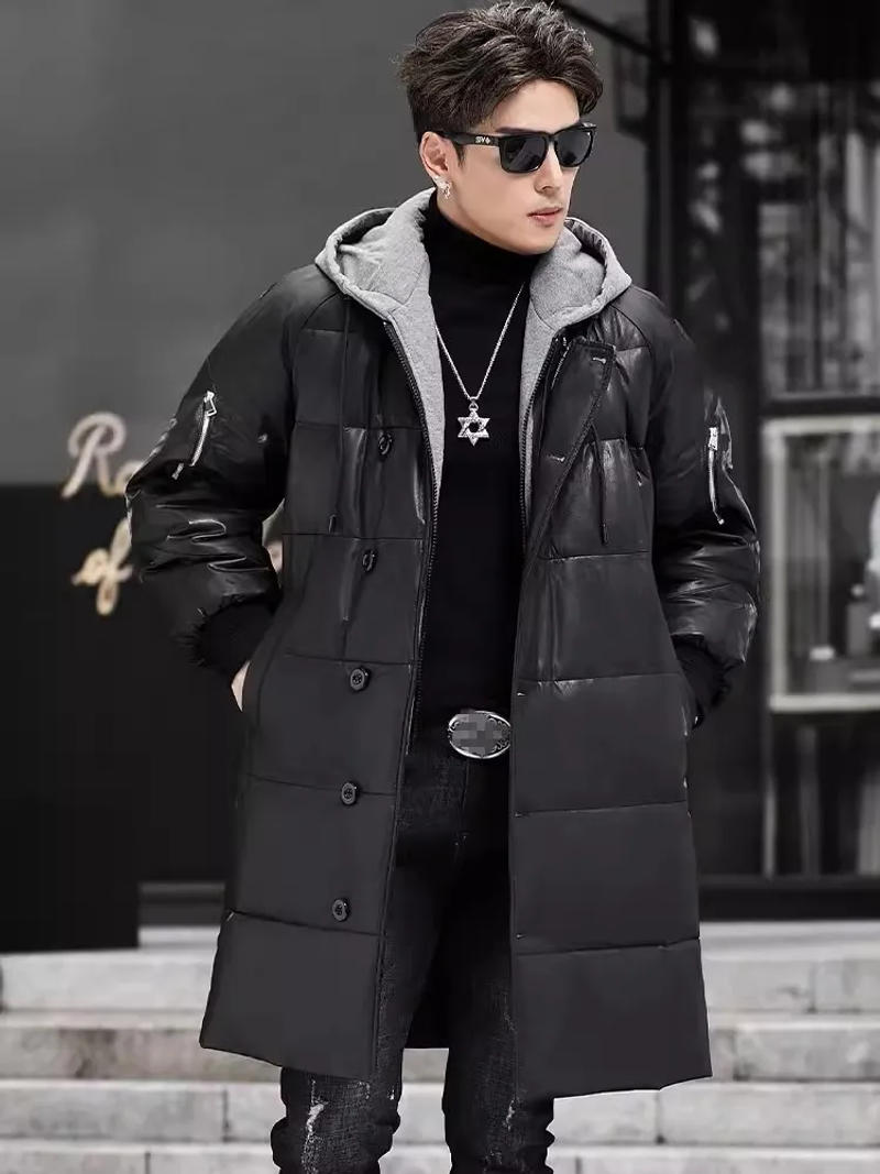 Description Picture 6 of itemWinter New Men Hooded Long Genuine Leather Down Jacket Loose Fit Single Breasted Business Work Warm Overcoat Cowhide Trench Coat