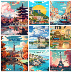 Cartoon City Scenery Diamond Painting Kits Paris Korea Italy Rhinestone Mosaic Embroidery Cross Stitch Wall Sticker Home Decor