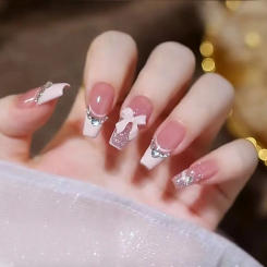 24Pcs Glitter Pink French Bow False Nails Long Ballet Fake Nails with Glue Design Wearable Full Cover Nail Tips Press on Nails