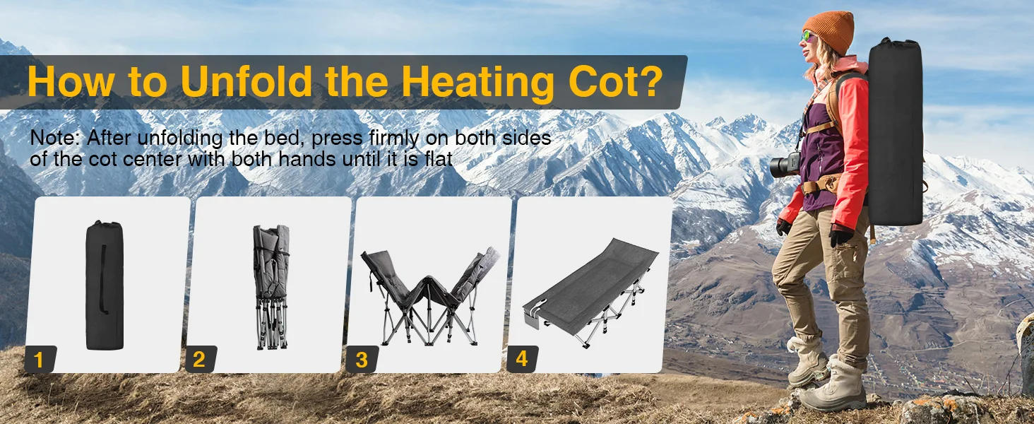 Description Picture 4 of itemHeated Camping Cot, Folding Camping Cot Bed for Adults Sleeping Portable Folding Outdoor Cots for Camping W/Build-in Soft Cotton