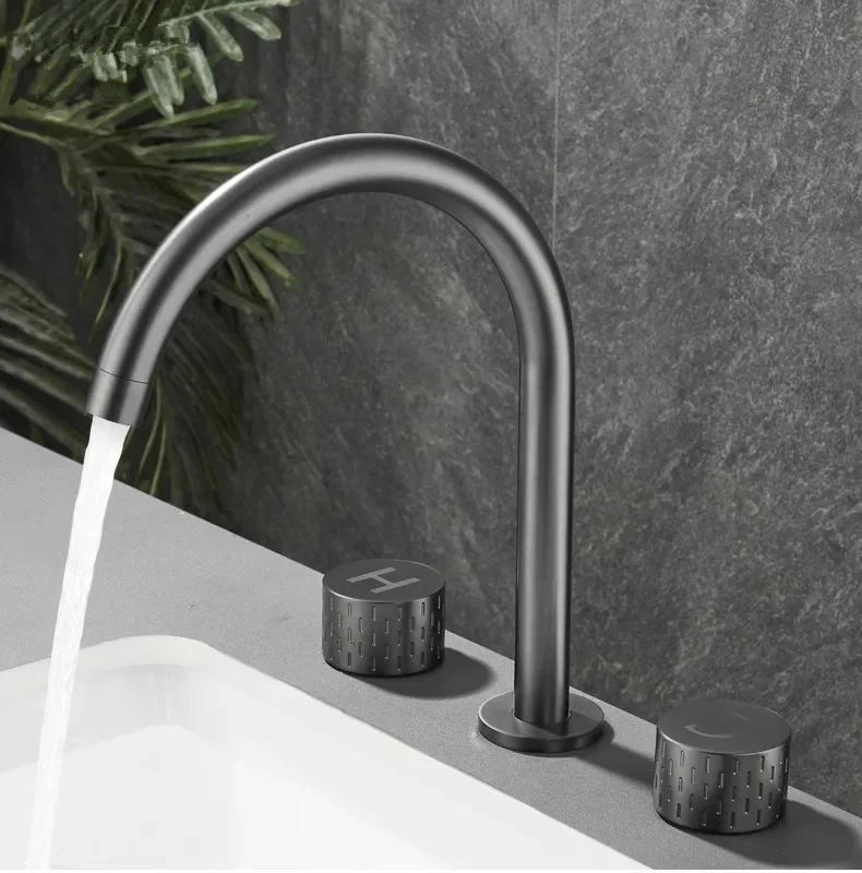 Description Picture 3 of itemBrushed Gold Basin Faucet Brass Gray Widespread Bathroom Black Sink Faucets 3 Hole Hot And Cold  Chrome Water Tap