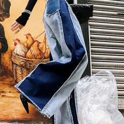 Women's Casual Colorblock Patchwork Raw Trim Wide Leg Denim Jeans Vintage Streetwear High Waist Denim Pants Jeans Trousers