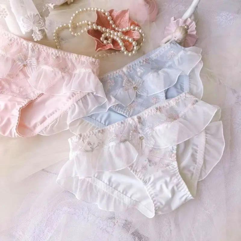 Description Picture 6 of itemWomen Milk Silk Smooth Soft Flower Embroidery Luxury Advanced Ruffles Underwear Princess Style Cute Lovely Sweety Panties Breifs
