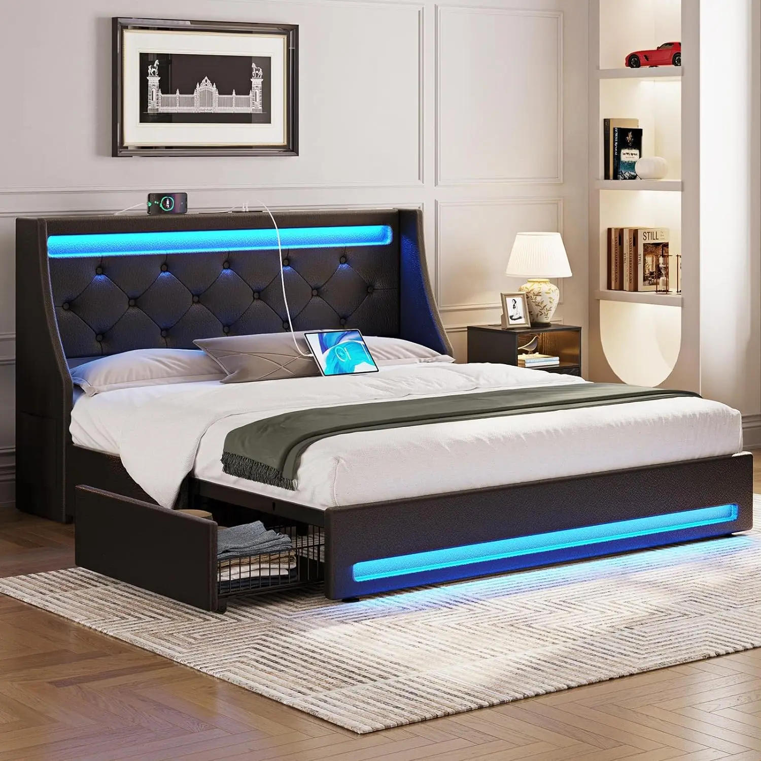 Description Picture 2 of itemQueen size bed frame with LED light charging station, PU leather bed with drawers, wooden slats, noiseless and easy to assemble