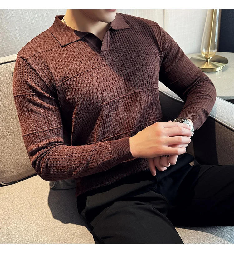Description Picture 6 of itemBrand Knitted Sweater for Men 2024 Spring Long Sleeved V-neck Knitted Pullover Casual Business Knitwear Tops Bottoming Shirt