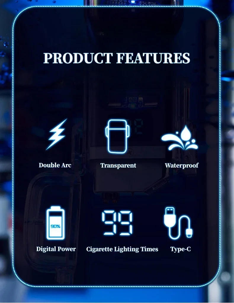 Description Picture 3 of itemHigh-end USB Rechargeable Double Arc Plasma Pulse Lighter Waterproof and Windproof Flameless Battery Display Electric Lighter