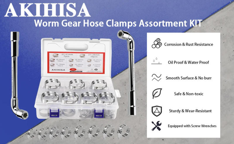 Description Picture 2 of item77Pcs Hose Clamps with 2pcs Socket Wrench Adjustable 6-51mm Clips Worm Gear Hose Clamp Assortment Kit for Plumbing Automotive