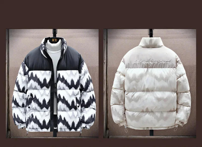 Description Picture 3 of itemPlush Jacket Men Winter Patchwork Stand-up Collar Printing Coat Cotton-Padded Unisex Thick Warm Vintage Fashion Parkas