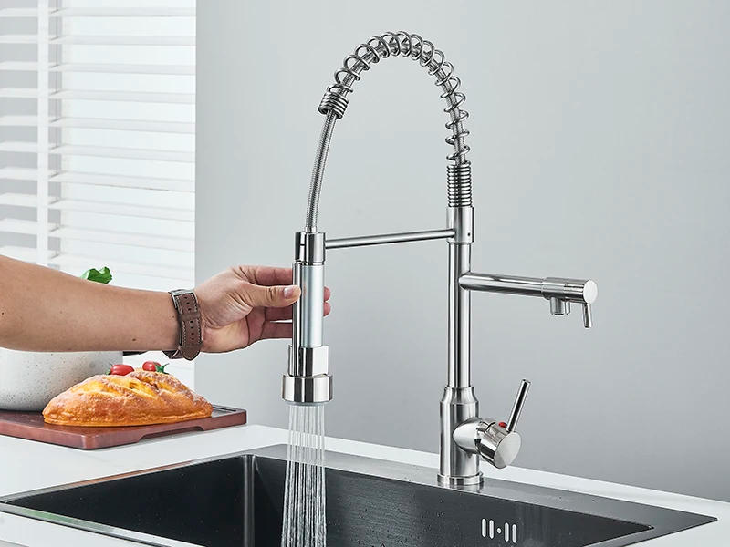 Description Picture 6 of itemChrome Removable Gourmet Kitchen Faucet Double Spout Rotatable Deck Mount Single Handle Cold Hot Water Mixer Kitchen Sink Crane