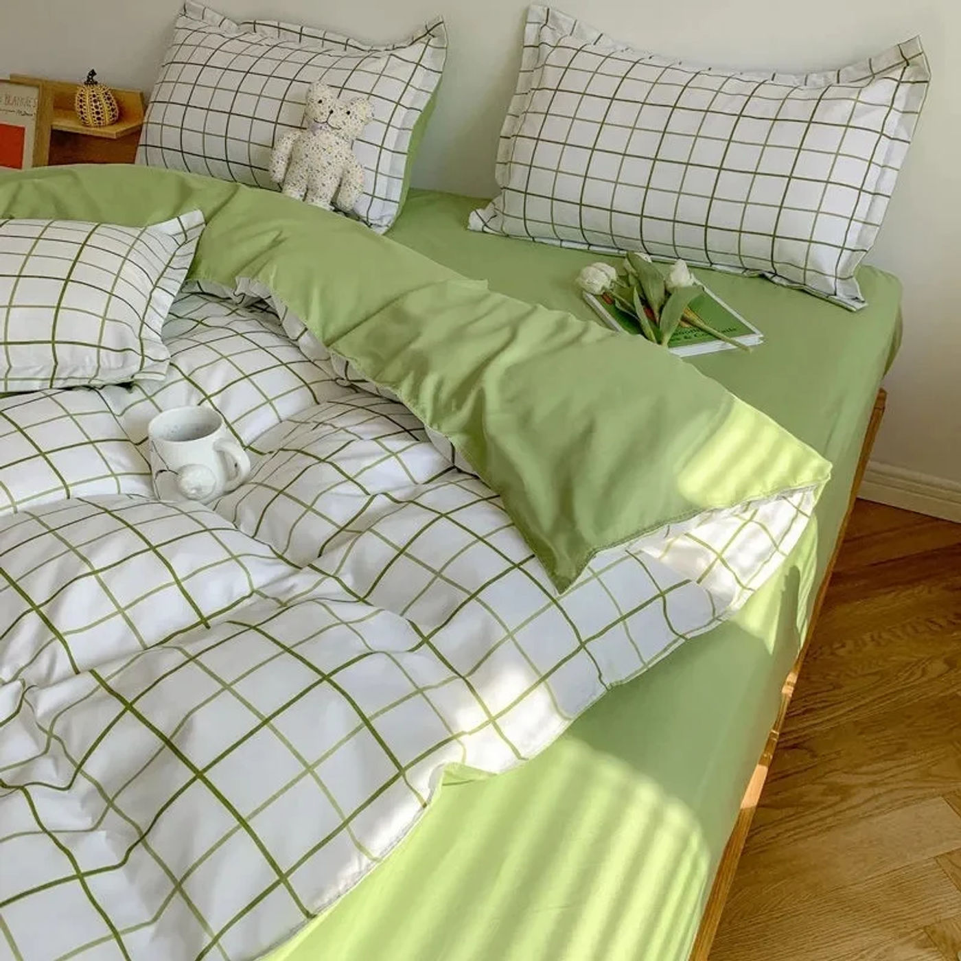 Description Picture 6 of itemNordic Pink Checkerboard Duvet Cover Sets With Pillowcases Flat Sheet Kids Girls Boys Full Queen Twin Size Kawaii Bedding Kit