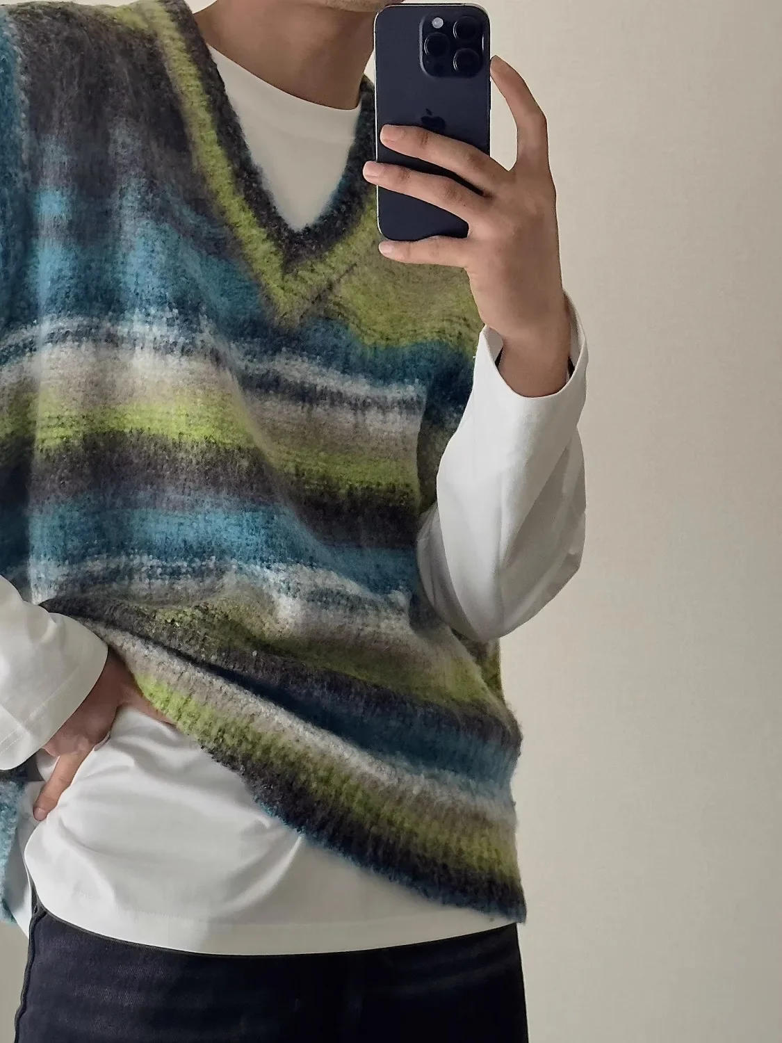 Description Picture 4 of itemKnitted Sweaters for Men Sleeveless Striped Green Vest Man Clothes Waistcoat Gradient Color Neck High Quality Replica Street S V