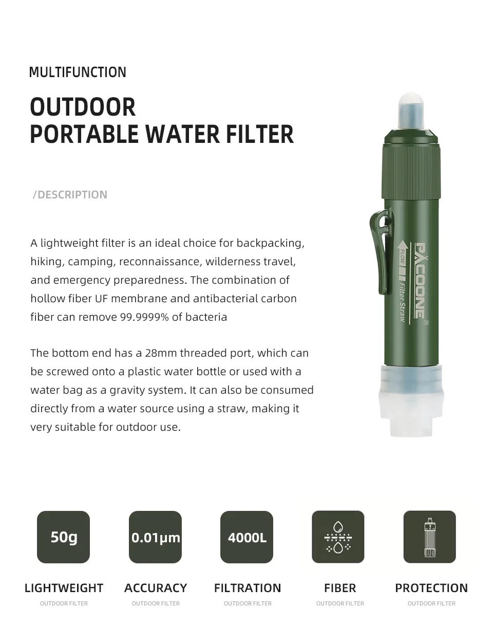 Description Picture 3 of itemPACOONE Mini Camping Purification Water Filter Straw TUP Carbon Fiber Water Bag for Survival or Emergency Supplies