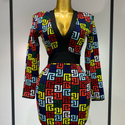 Women Long Sleeve V-Neck Bodycon Jacquard Short Bandage Dress 2025 Elegant Evening Luxury Birthday Party Cocktail Outfit