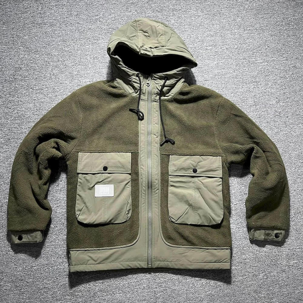 Description Picture 2 of itemPolar Fleece Patchwork Coat Japan Style Cargo Spliced Thick Parkas Workwear Large Pocket Padded Coat Winter Oversized Hooded Top