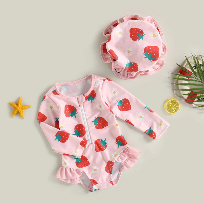 Description Picture 4 of itemChildren Baby Girl Rash Guard Swimsuit Toddler Long Sleeve Strawberry Print Bathing Suit Sun Hat Infant Summer 2pcs Swimwear