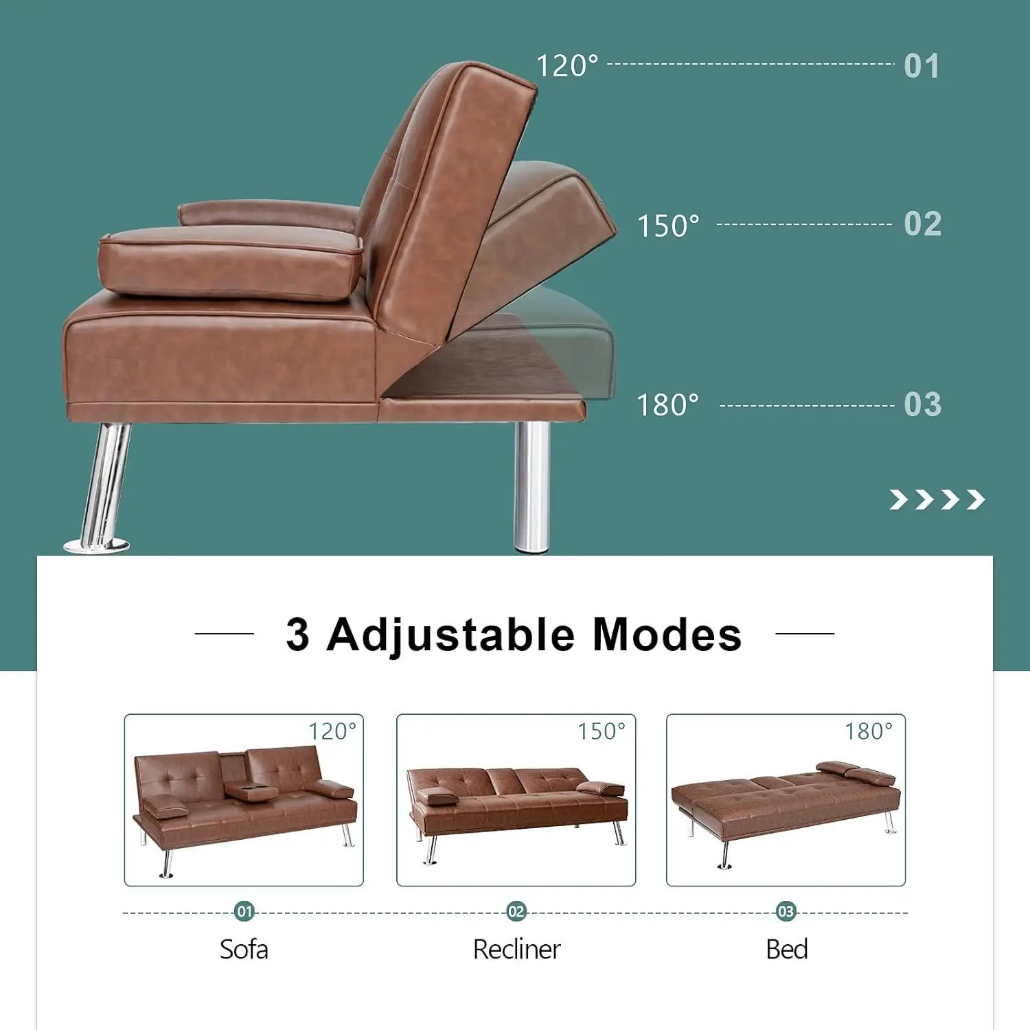 Description Picture 5 of itemLeather Futon Sofa Bed Convertible Folding Couch for Living Room.Small Space with Cup Holder and Removable Armrest Brown
