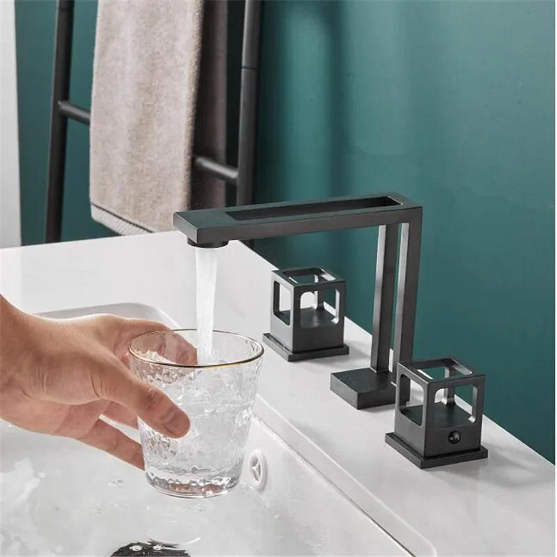 Description Picture 4 of itemBasin Faucet Black Brass Widespread Bathroom Sink 3 Hole Widespread Basin Mixer Double Handle Hot  Cold Water Tap