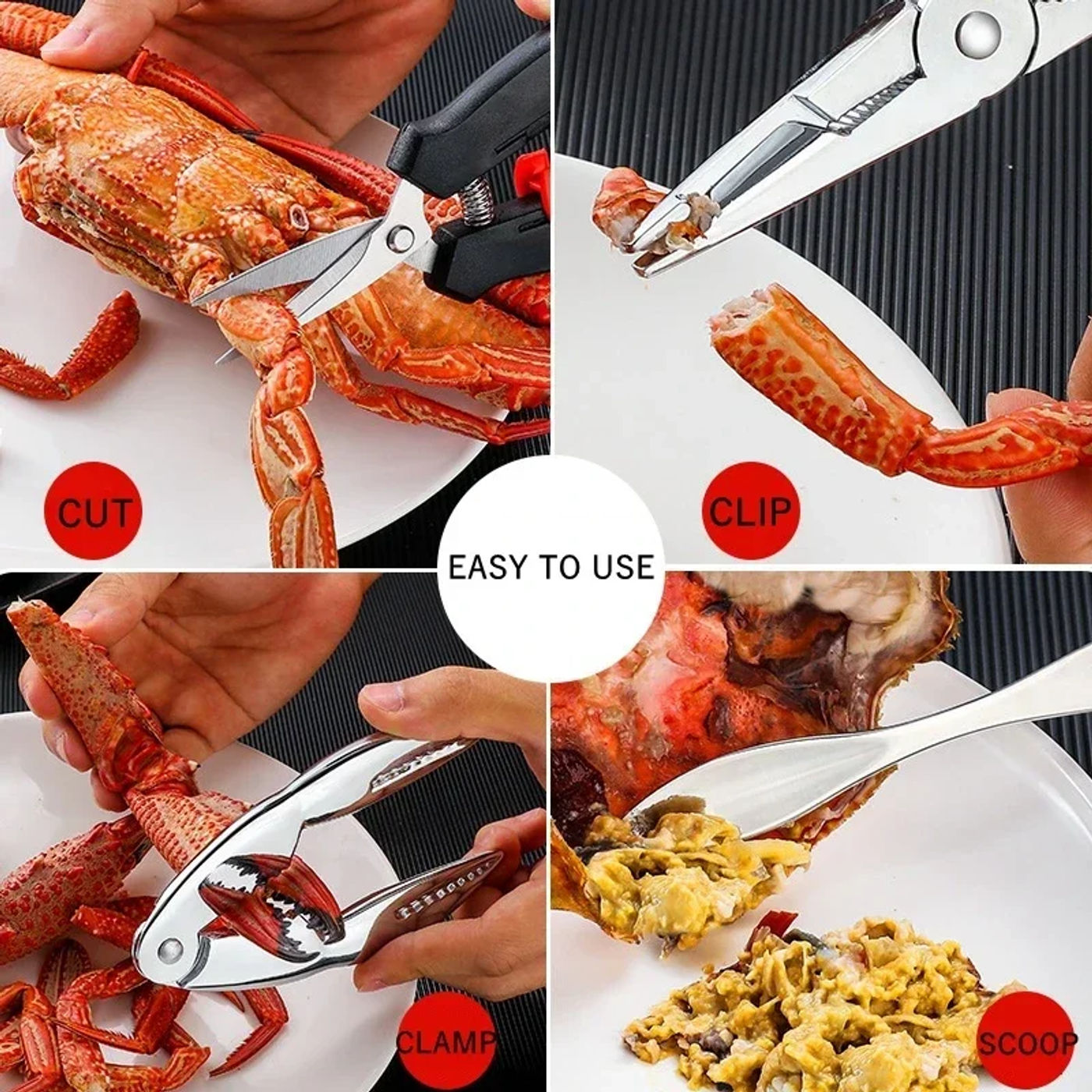 Description Picture 3 of itemStainless Steel Crab Tool Set Crab Peel Shrimp Tool Lobster Clamp Pliers Clip Pick Set Seafood Tools