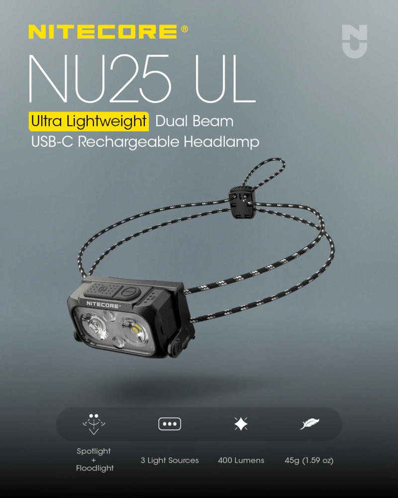 Description Picture 2 of itemNITECORE NU25 UL USB-C Rechargeable Headlamp 400 Lumens Lightweight Headlight Dual beam 3 Light Sources Built-in 650mAh Battery