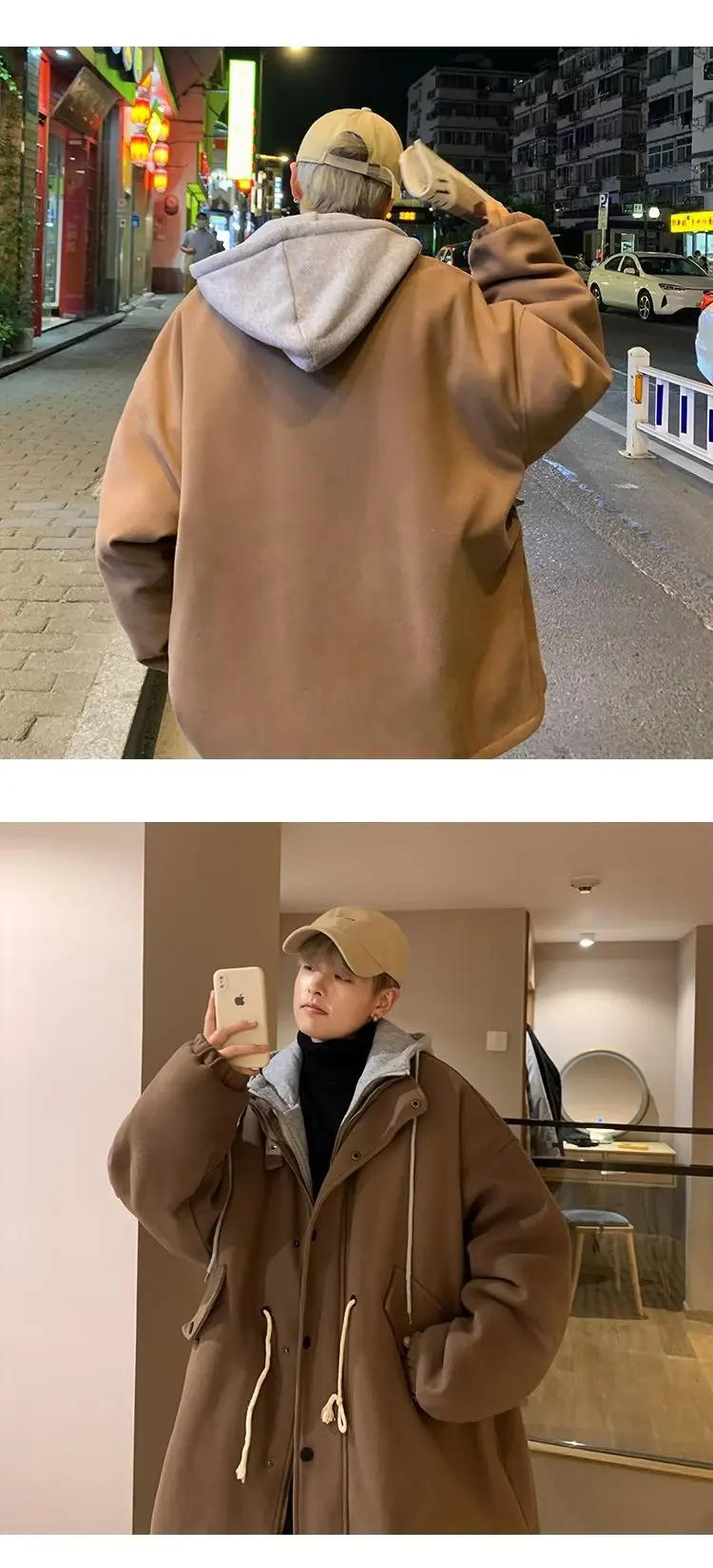 Description Picture 6 of itemFake Two Pieces Blends Men Warm Baggy Hooded American Style Outdoor Drawstring Rib Sleeve Winter Male Classic Overcoats Simple