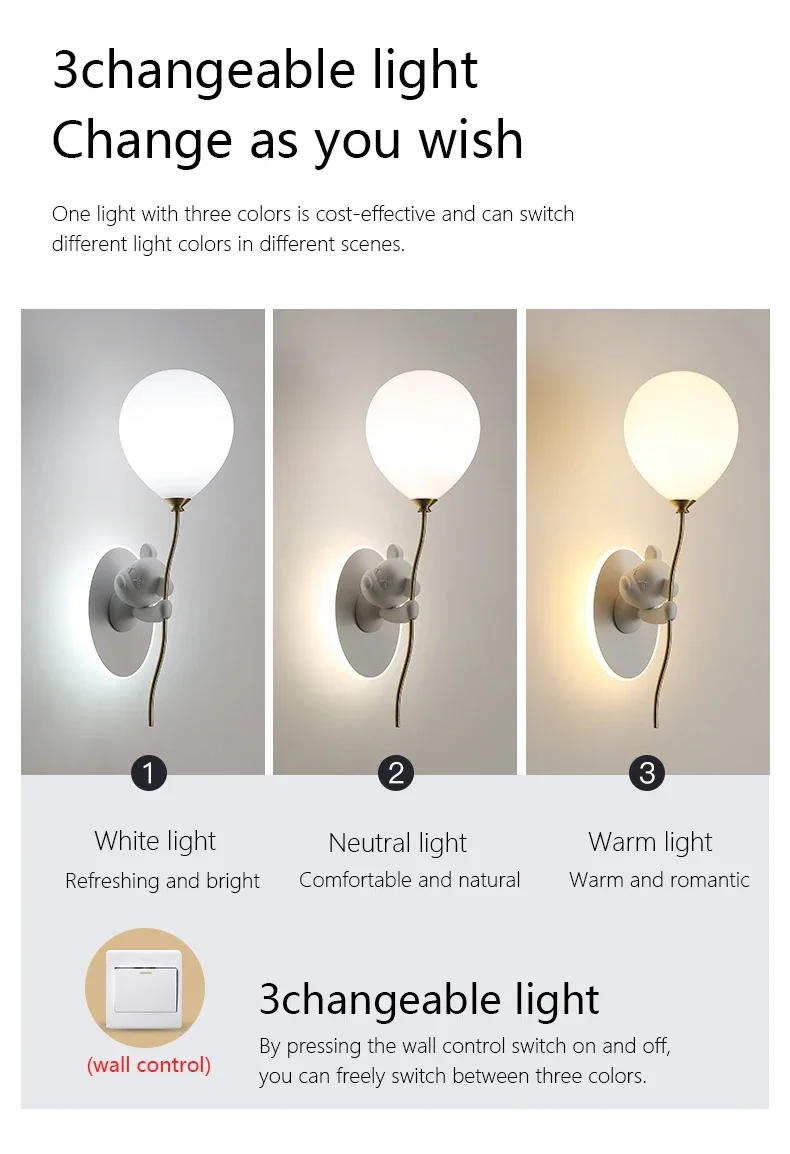 Description Picture 5 of itemCreative Cartoon Bear Balloon Nordic Led Wall Lamps Simple Children's Room Lamp Lighting Bedside Ambience Light Luster Fixtures