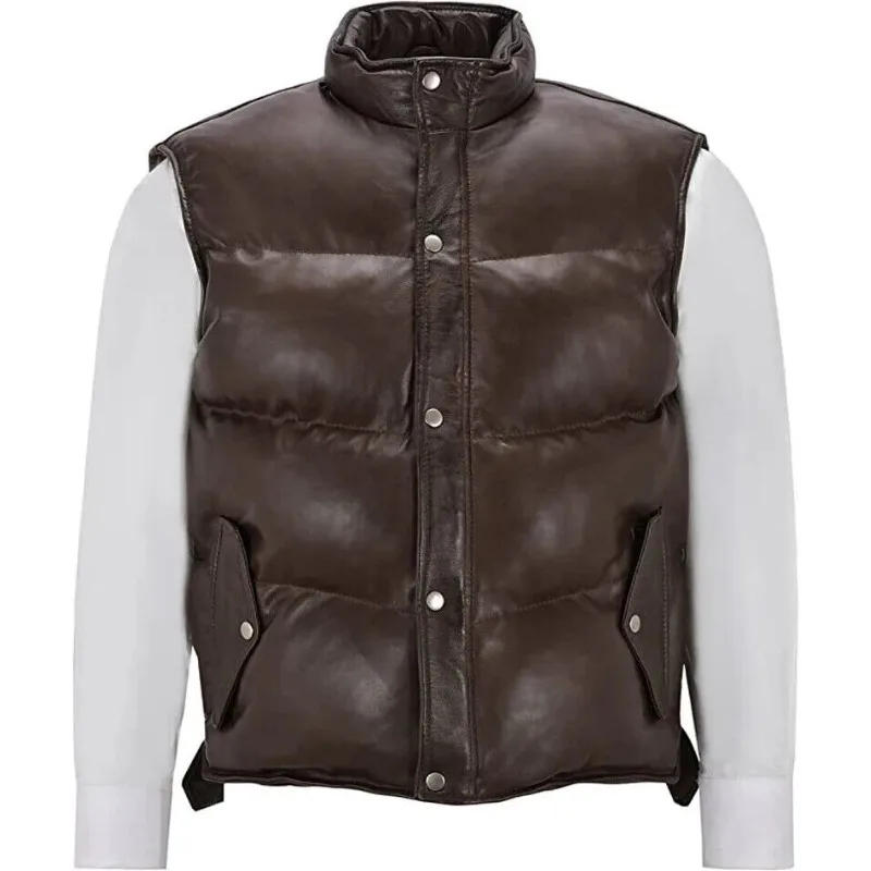 Description Picture 3 of itemLeather Jacket Padded Puffer Vest Men's Genuine Real Lambskin Brown Jacket Coat