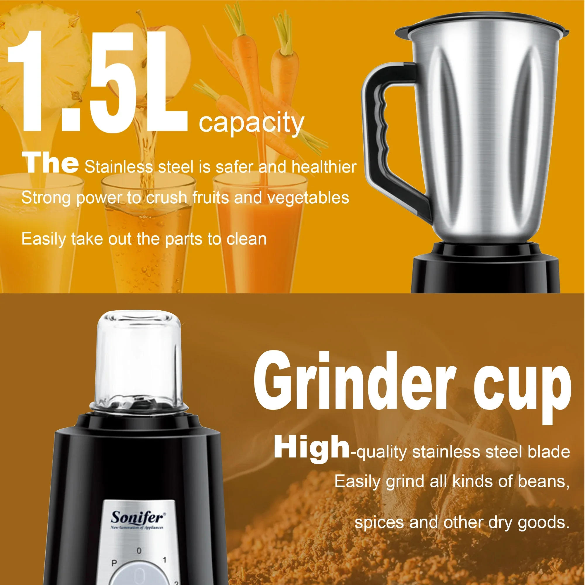 Description Picture 4 of item2 in 1 Blender Grinder Personal Mixer for Shakes and Ice Smoothies Juicer Fruit Food Processor Ice Stainless Steel Sonifer