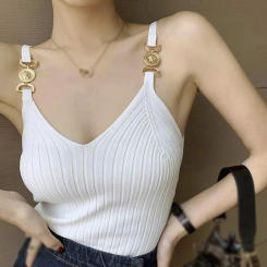 Women Knitted Short Slim Sleeveless Shirt Tank V Neck Halter Tops Knitted Off Shoulder Candy Cute Tops Casual Ribbed Knit Vest