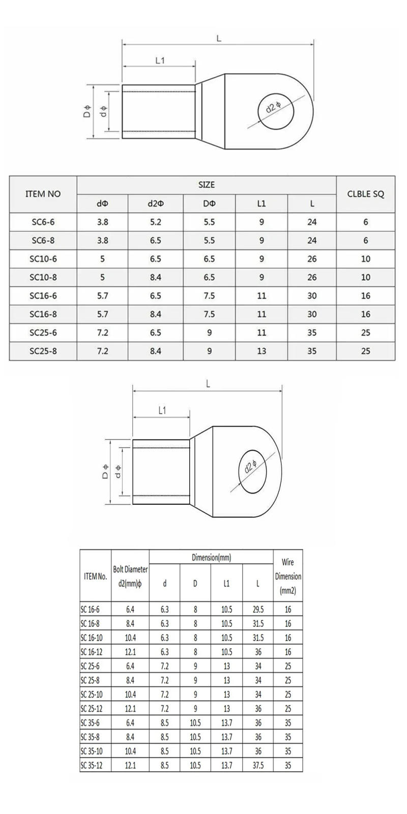 Description Picture 2 of item5PCS/10PCS 6~35mm2 Crimp Terminal Wire Welding Cable Connector Kit Bolt Hole Tinned Cable Lugs
