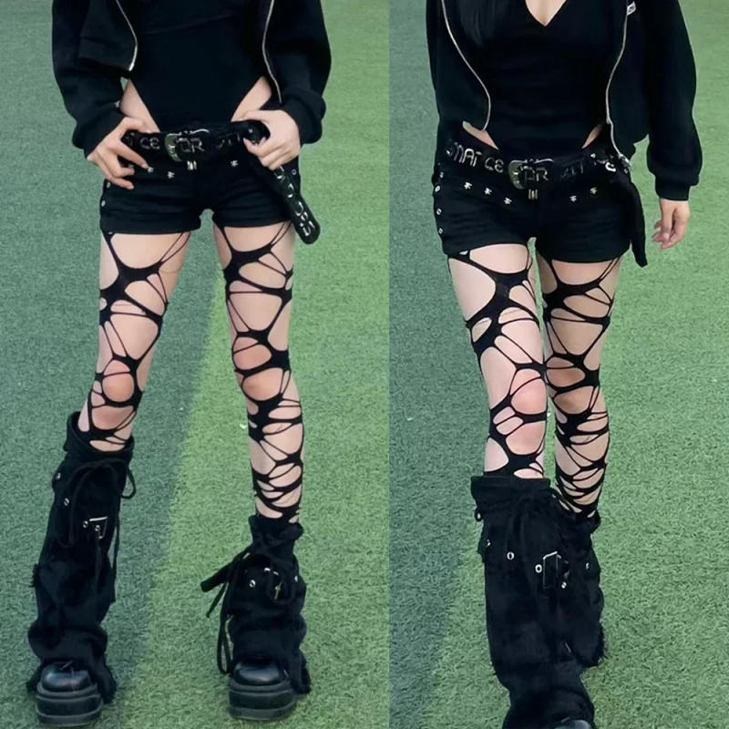 Description Picture 2 of itemFashion Punk Torn Strap Holes Tights Nue Sexy Lolita Gothic Spider Web Stockings Ladies Y2k Black Mesh Soft Tights High Hosiery