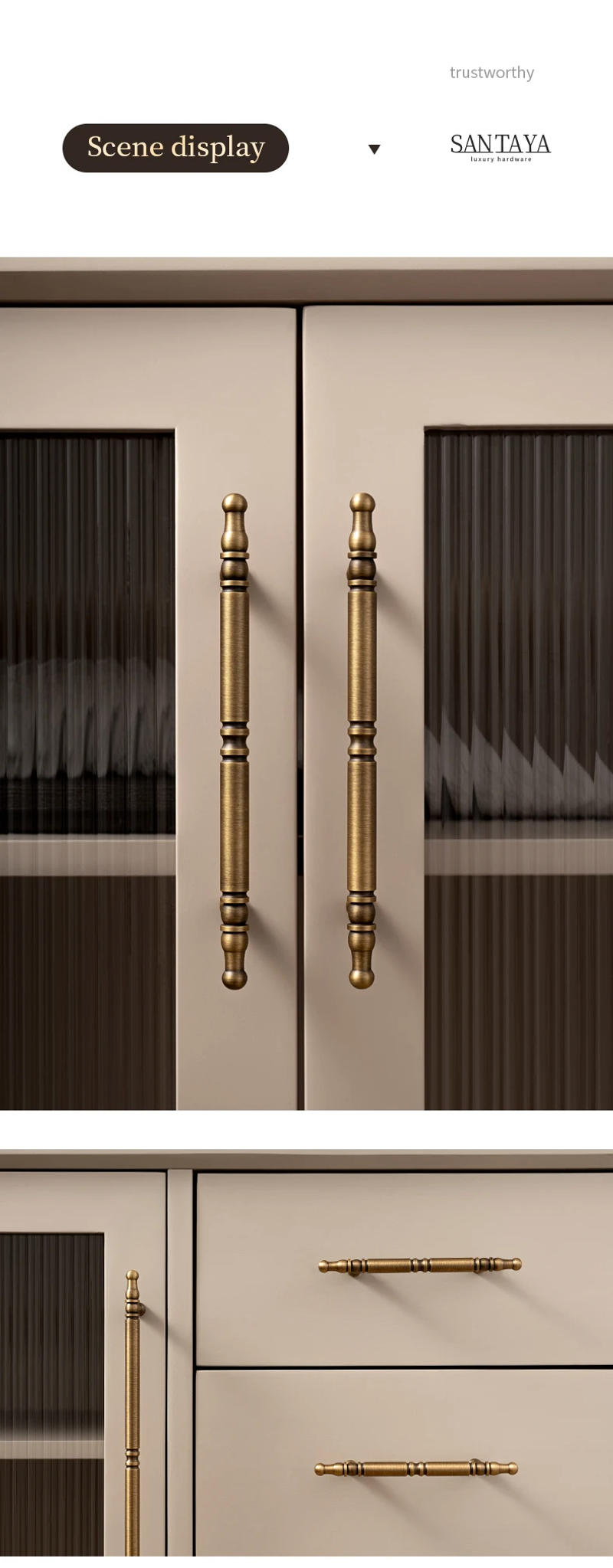 Description Picture 5 of itemSatin Antique Brass Cabinet Door Handles and Knobs Retro Drawer Pulls Bronze Kitchen Cupboard Handle Wardrobe Pull Hardware