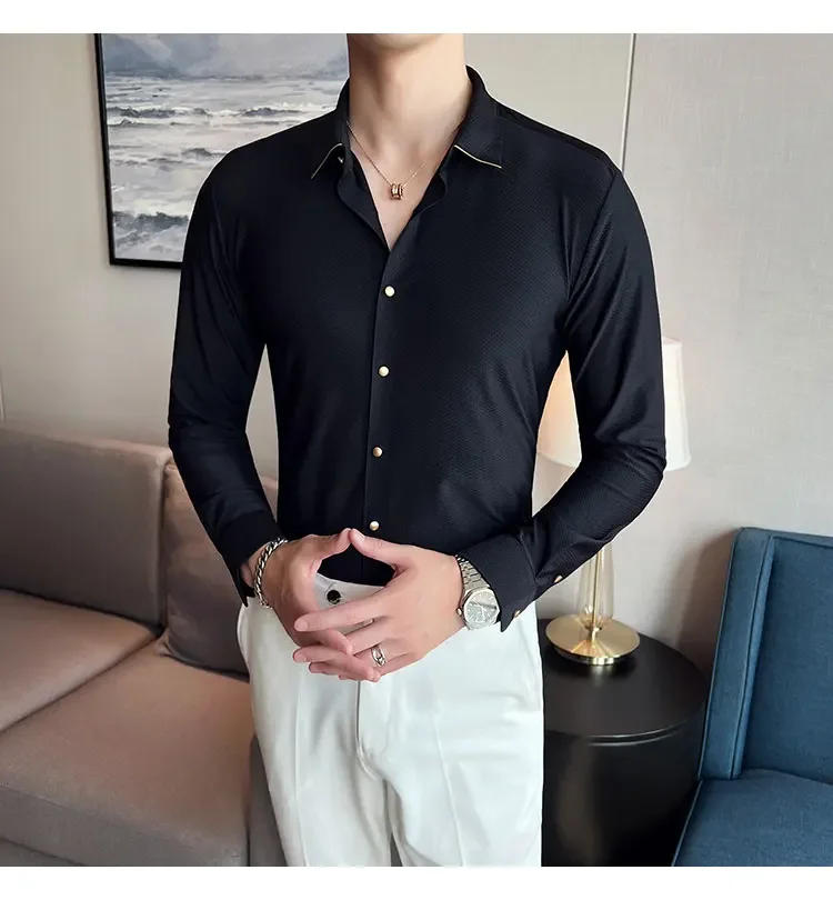 Description Picture 5 of itemSpring New High Elastic Phnom Penh Long Sleeve Men Shirts Dress Simple Slim Fit Casual Prom Tuxedo Formal Wear Chemise Homme 4XL