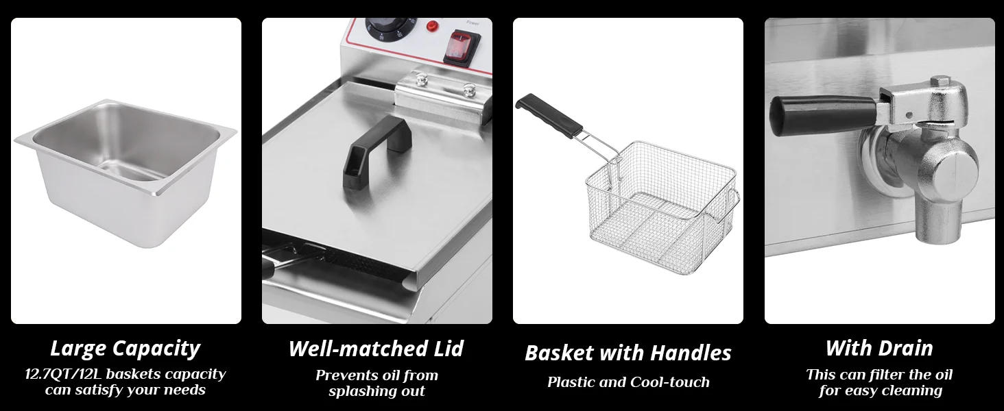 Description Picture 5 of item12.5QT Electric Deep Fryer with Time Control & Oil Filtration, 11.8L Countertop Stainless Steel w/Temperature Control & B