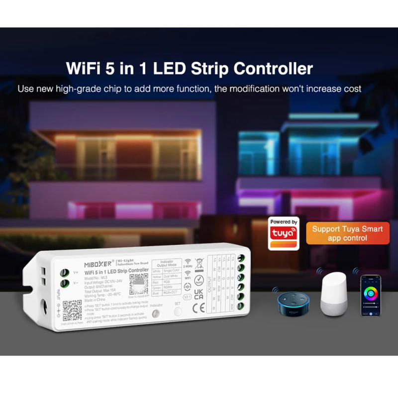 Description Picture 2 of itemMiboxer WL5 Single color/Dual white/RGB/RGBW/RGB+CCT Wifi 5 in 1 LED Strip tape Controller 12V 24V Tuya App,2.4G Remote control