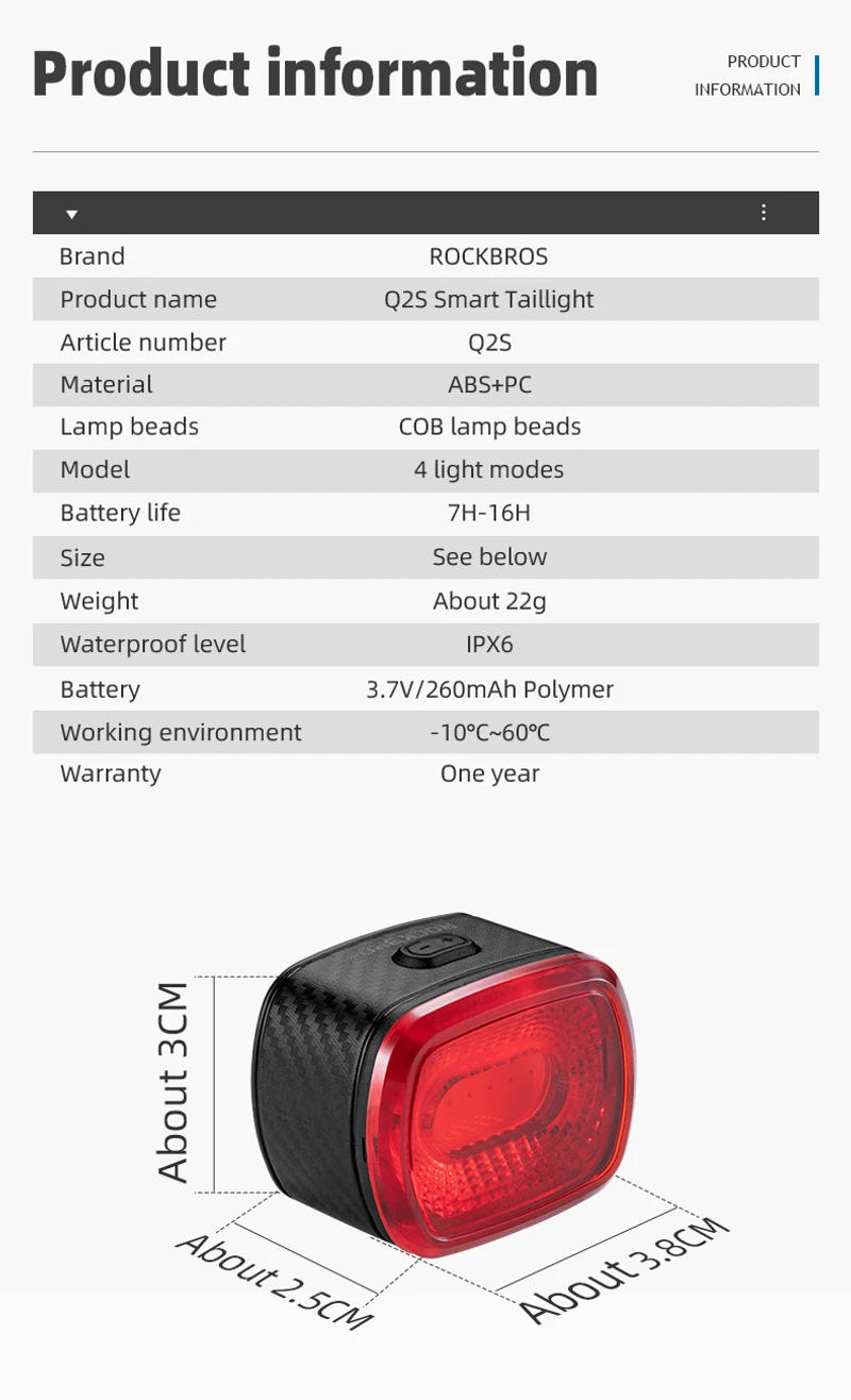 Description Picture 3 of itemROCKBROS Smart Bicycle Brake Light IPx6 Taillight Type-C Bike Tail Rear Light Auto Stop LED Riding Warning Safety Cycling Light