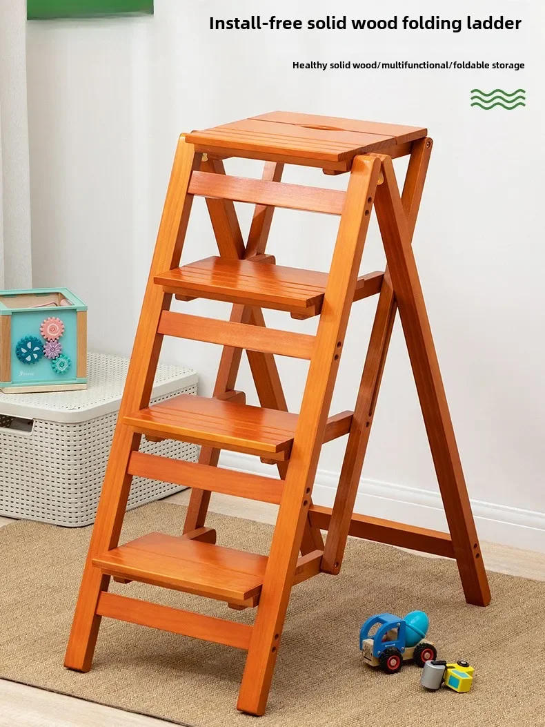 Description Picture 2 of itemWood Natural Climbing Kitchen Stool Multifunctional Ladder Chair Folding Design Ladder Stool Stable Load-bearing Step Ladder