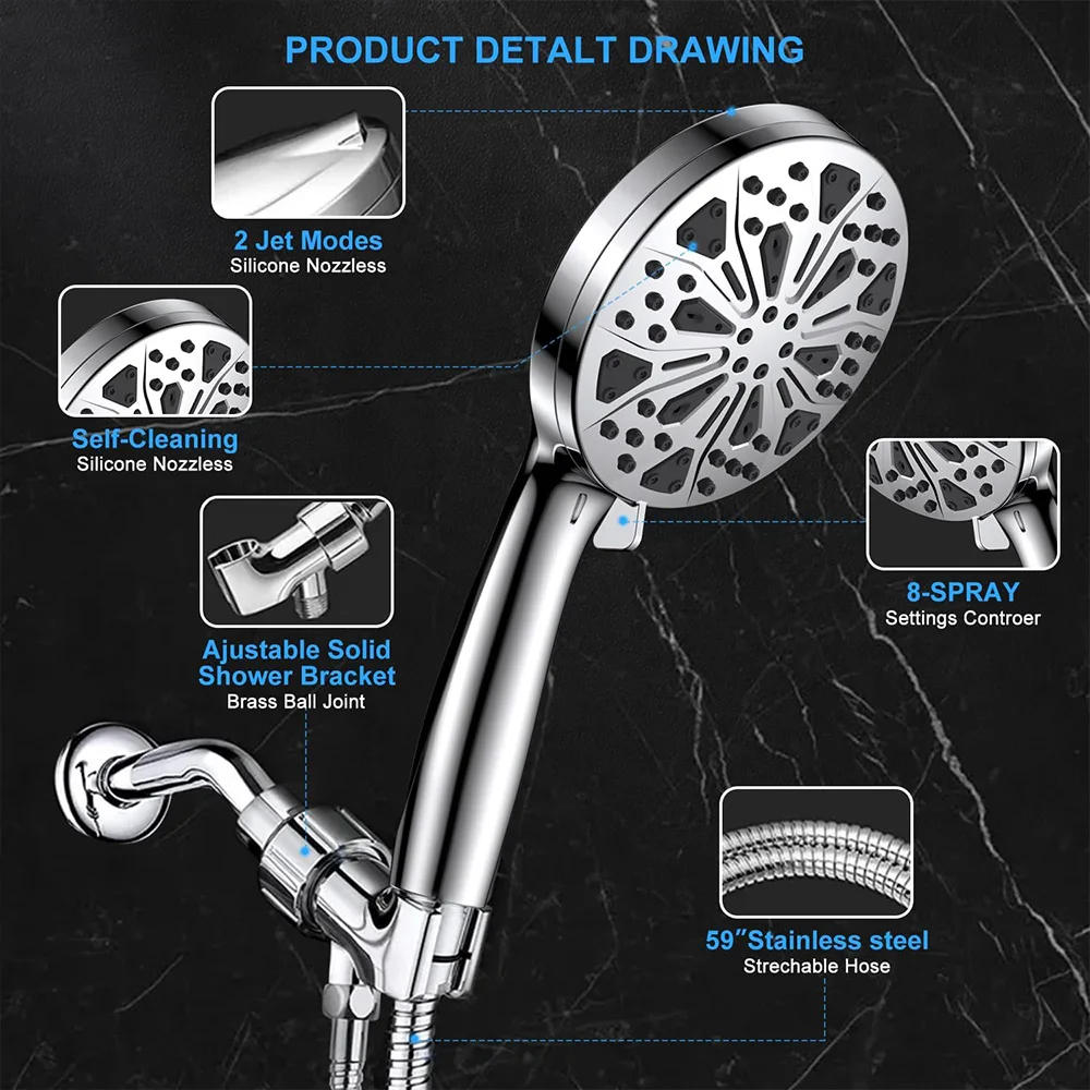 Description Picture 6 of itemHandheld Shower Head 10-Mode 5.1”High Pressure Shower Head Built-in 2-Mode Power Wash Spray Bathroom Faucet Replacement Parts