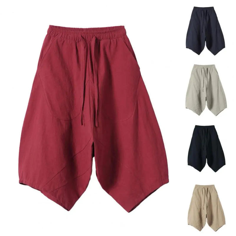 Description Picture 3 of itemTrendy Men Pants Summer Drawstring Comfy Solid Color Drawstring Baggy Pants 3/4 Trousers Skin friendly